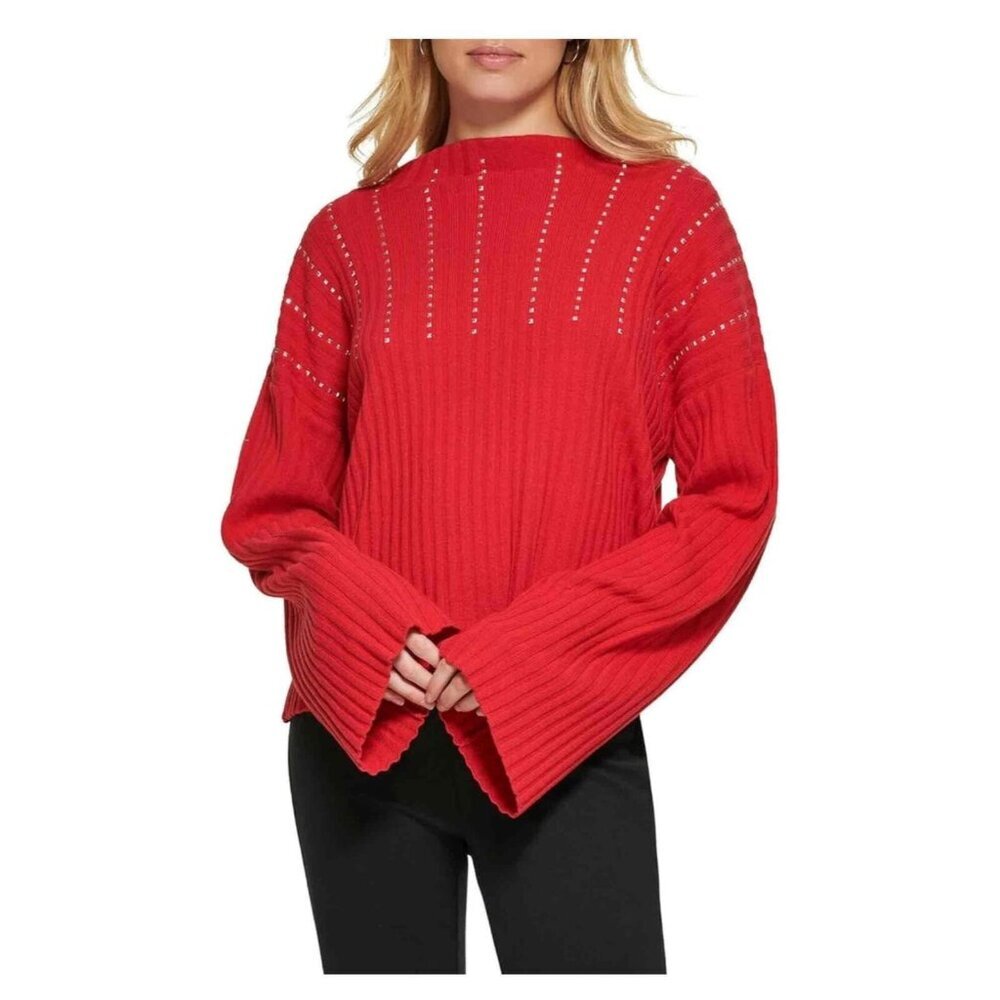 DKNY Womens Red Embellished Ribbed Knit Pullover Sweater Size Large